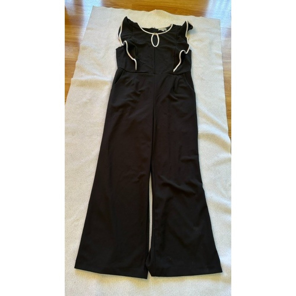 Shelby Palmer Black Ruffle Wide Leg Jumpsuit Women Size 16 Sleeveless White Trim